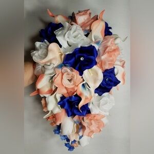 Peach Royal Blue White Rose Calla Lily Bridal Wedding Bouquet
10" X 18"Cascading
